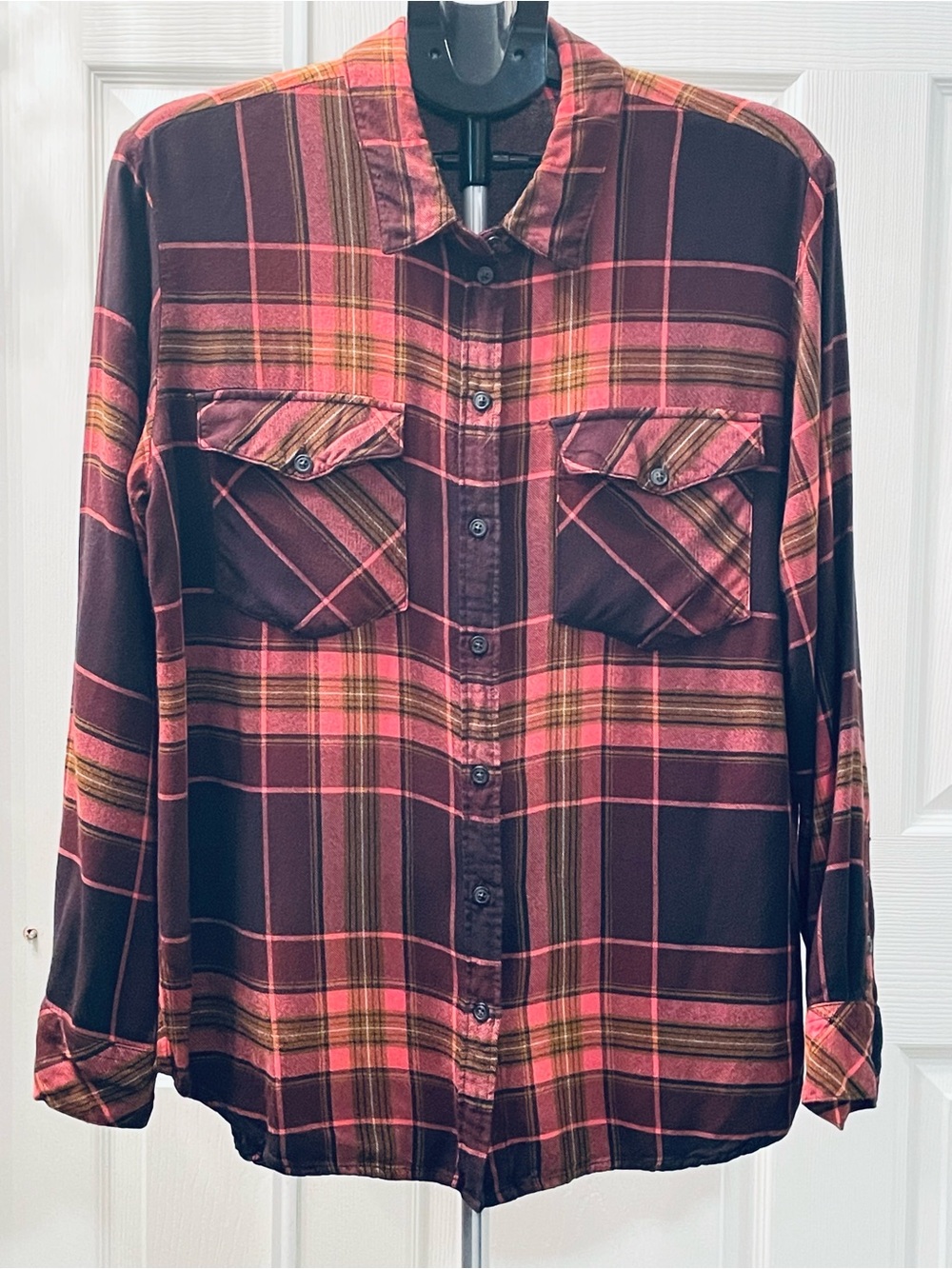 Burgundy & Orange Plaid Button-Up Shirt
